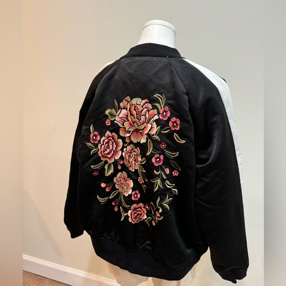 Forever 21 Black Bomber Jacket with Pink Floral Embroidery - Picture 2 of 5
